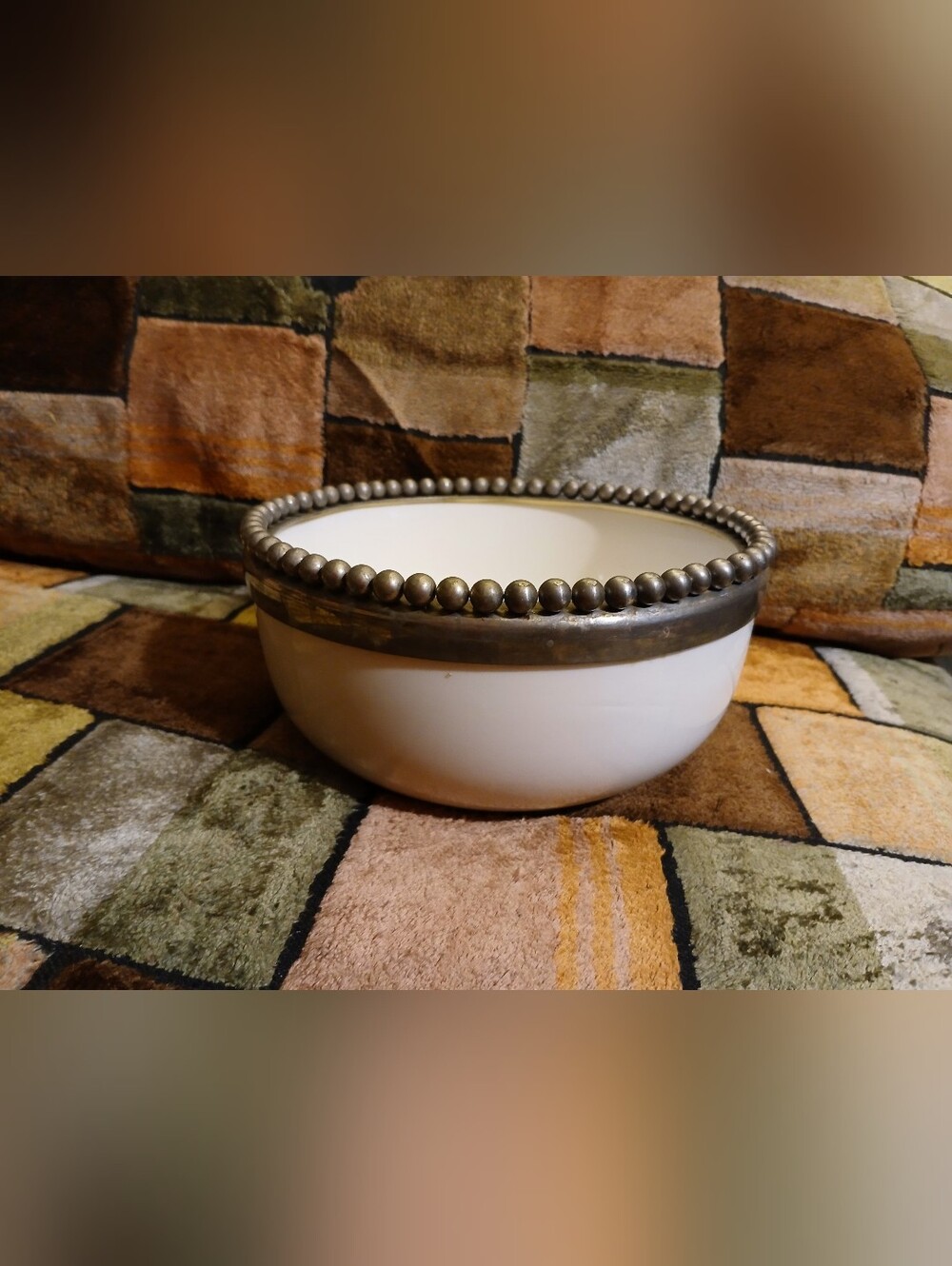 White Ceramic Bowl with Antique Beaded Rim